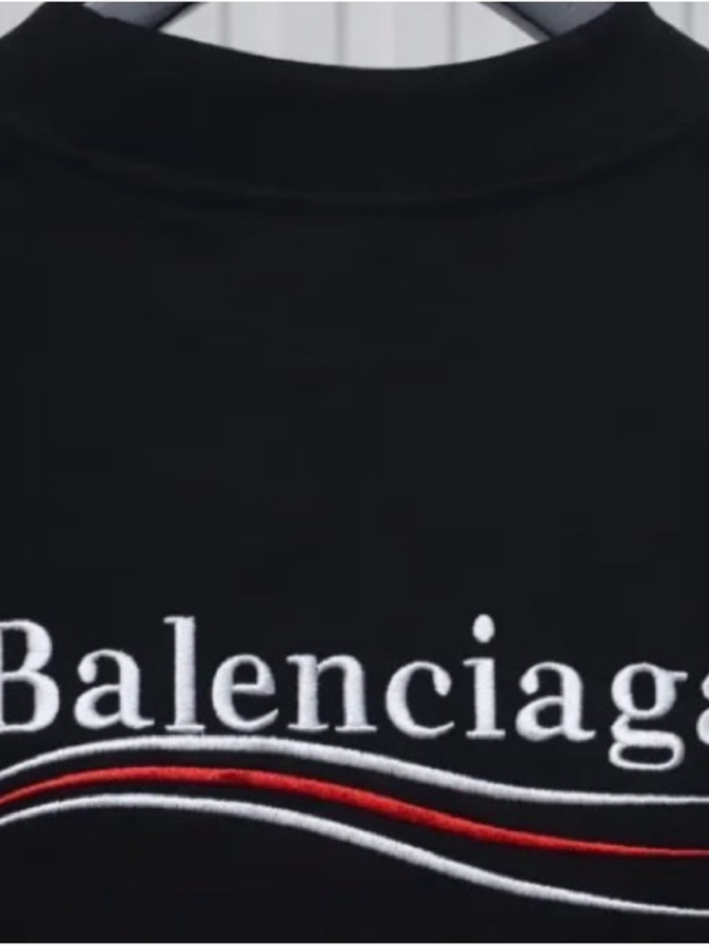 Balenciaga Black Tee with White Logo and Red Wave